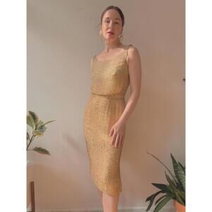 Vintage 1950s Ceil Chapman Gold Beaded Cocktail Dress